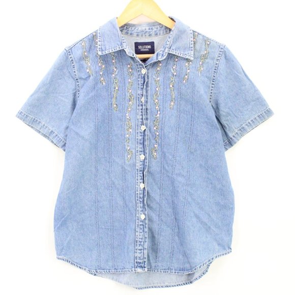 Vintage Solutions Original Denim Shirt Women's Blue Short Sleeve Button Down M - Picture 1 of 7